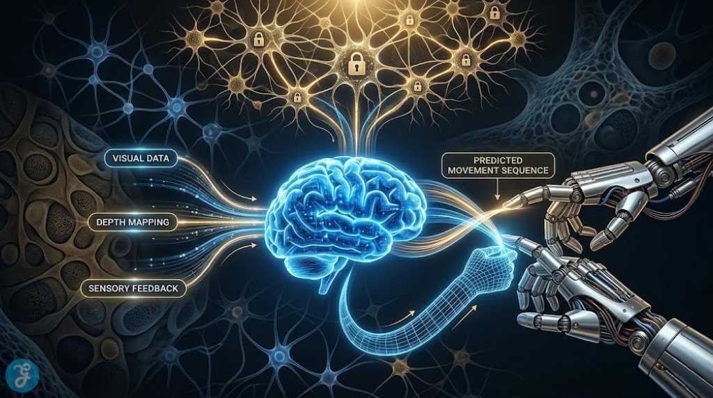 Infographic diagram visualizing the synthesis of visual input into kinetic output, showing data flows from cameras into a neural network brain, which generates a predicted wireframe movement path.