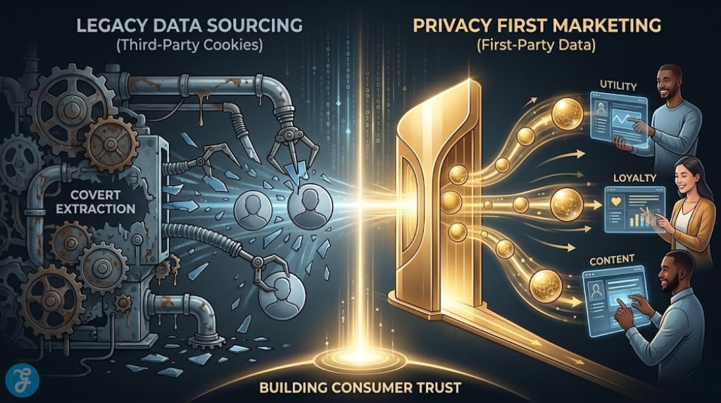 Infographic visualization comparing legacy data sourcing through shadowed, covert extraction machines versus privacy-first marketing through direct, glowing, and consented user data orbs.