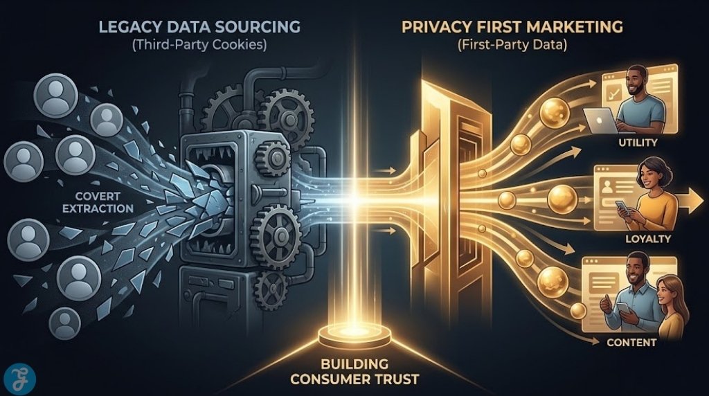 Infographic visualization comparing legacy data sourcing through shadowed, covert extraction machines versus privacy-first marketing through direct, glowing, and consented user data orbs.