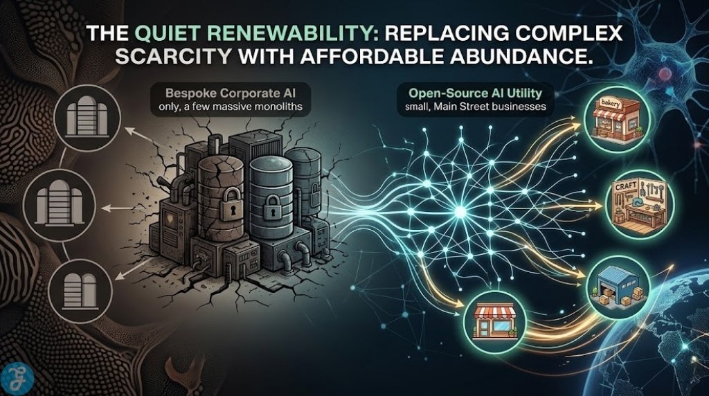 Infographic visualization showing an old-world, rigid corporate AI system crumbling, replaced by a simple, open-source AI utility powering local Main Street businesses globally in 2026.