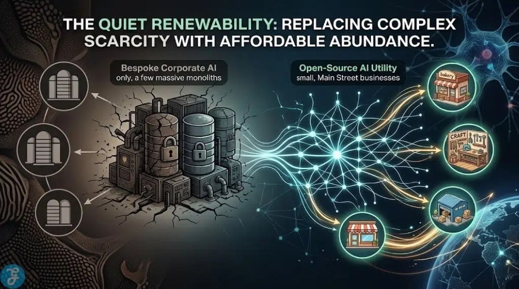 Infographic visualization showing an old-world, rigid corporate AI system crumbling, replaced by a simple, open-source AI utility powering local Main Street businesses globally in 2026.