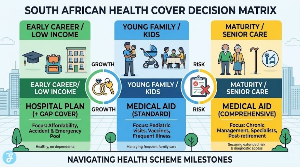 An infographic illustration showing a lifecycle timeline and strategic decision matrix for choosing between a Hospital Plan and different Medical Aid tiers in South Africa based on age, income, family growth, and health risk milestones.