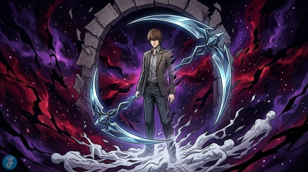 Light Yagami in a cosmic void with a geometric fractal scythe and dissolving silhouettes.