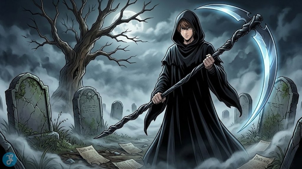 Light Yagami in a black cowled robe holding a glowing silver scythe in a moonlit graveyard.