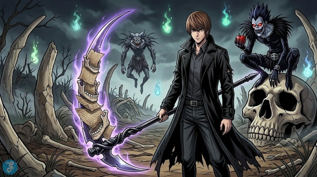Light Yagami with Ryuk in the Shinigami realm holding a scythe made of fused bones and scrolls.