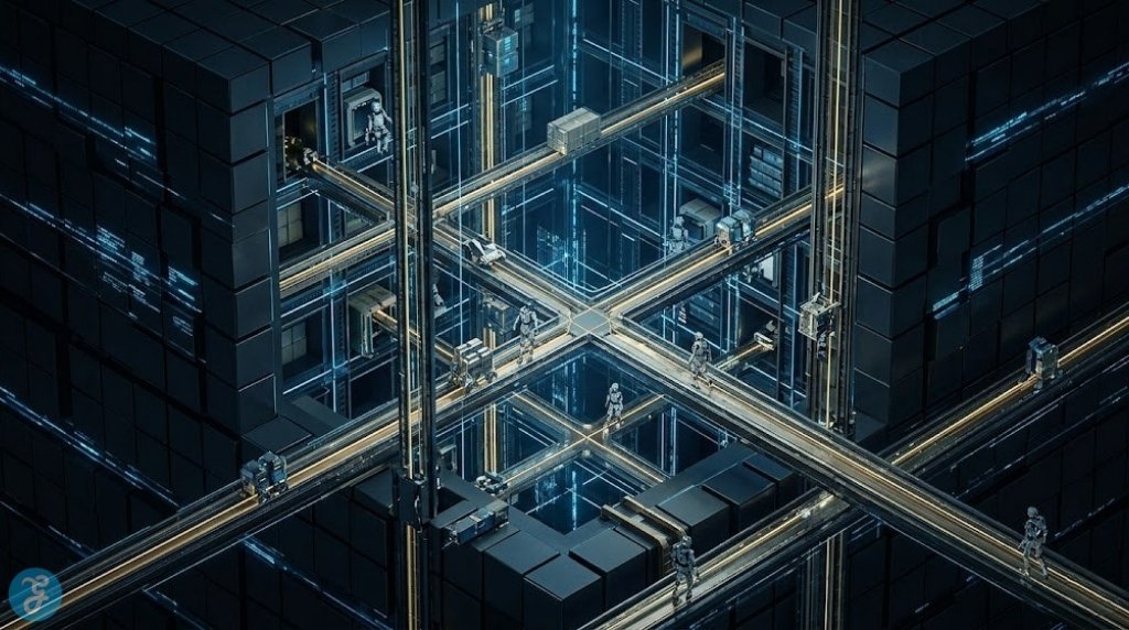 Stunning cross-section infographic visualizing a futuristic dark logistics center redesigned as a high-density geometric cube, where embodied AI units navigate vertically and horizontally on non-linear tracks, lit only by internal glowing data paths.