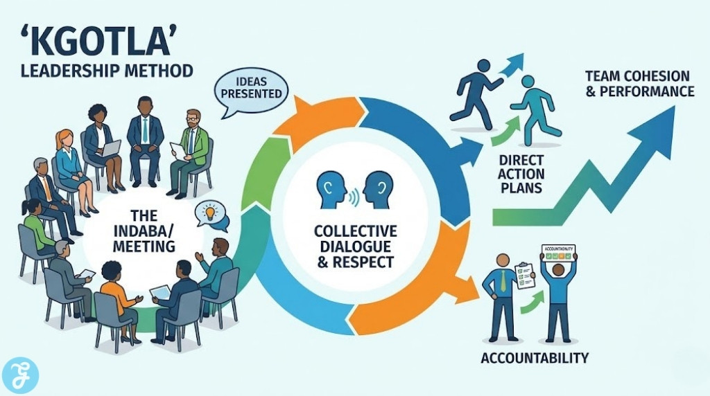 Approachable professional vector infographic visualizing the circular consensus flow of the 'Kgotla' leadership method. A diverse corporate team sits in a circle for 'The Indaba/Meeting.' Ideas, discussion, consensus symbols, action checklists, and scorecards create a clear, detailed practical visualization without clutter.