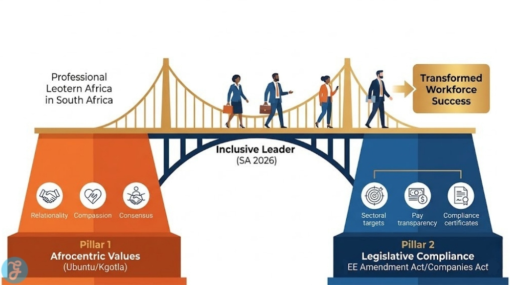 Professional vector infographic visualizing the two pillars of South African leadership in 2026. A central bridge labeled 'Inclusive Leader (SA 2026)' connects two large foundational structures. One pillar is labeled 'Afrocentric Values (Ubuntu/Kgotla)' (relationality, compassion, consensus), while the other is labeled 'Legislative Compliance (EE Amendment Act/Companies Act)' (sectoral targets, pay transparency, compliance certificate). Modern corporate, warm colors.