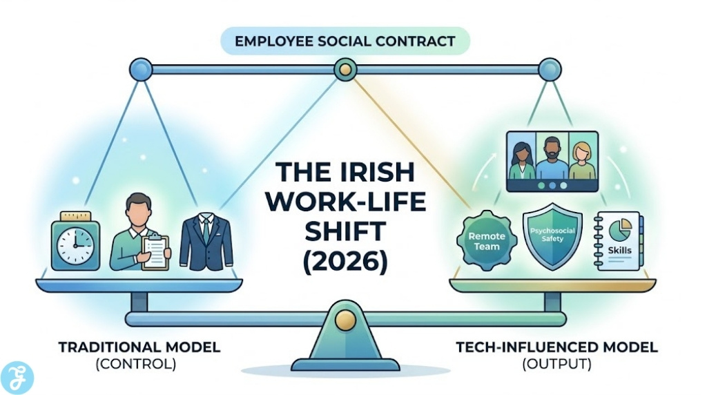 An infographic illustrating the 2026 strategic shift in Irish work culture, using a pendulum analogy to show the movement from control toward employee autonomy and output-based flexibility.