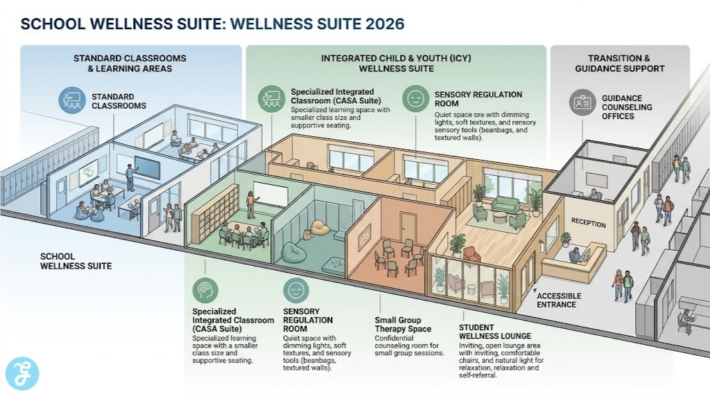 An architectural diagram and illustration of a modern Canadian high school wellness suite in 2026, physically integrated within learning zones, showcasing conceptual multi-purpose rooms.