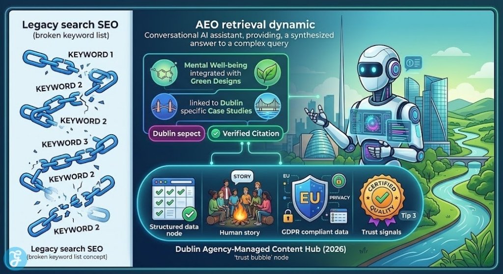 Conceptual visual contrasting legacy keyword SEO retrieval with modern Social Answer Engine Optimization (AEO) and direct AI citation retrieval from managed content in 2026.