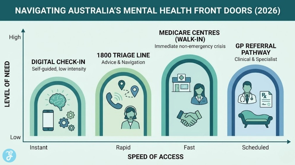 An infographic illustrating four decentralized "front doors" to Australia's mental health system in 2026, comparing them by speed of access and level of need, in a clean, professional digital style.