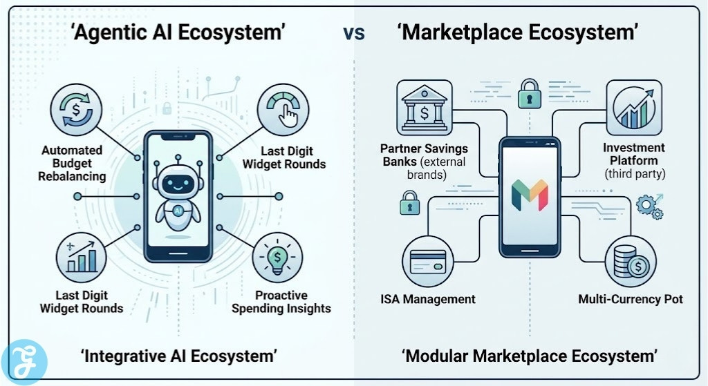 Conceptual visual comparing the integrative Agentic AI ecosystem of Starling against the modular partner Marketplace ecosystem of Monzo in 2026.
