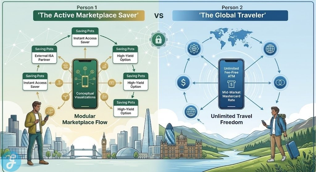 Professional illustration comparing the user journeys of an 'Active Saver' (visualising the Monzo marketplace flow) and an 'Unlimited Traveler' (visualising Starling's fee-free ATM access) in 2026.