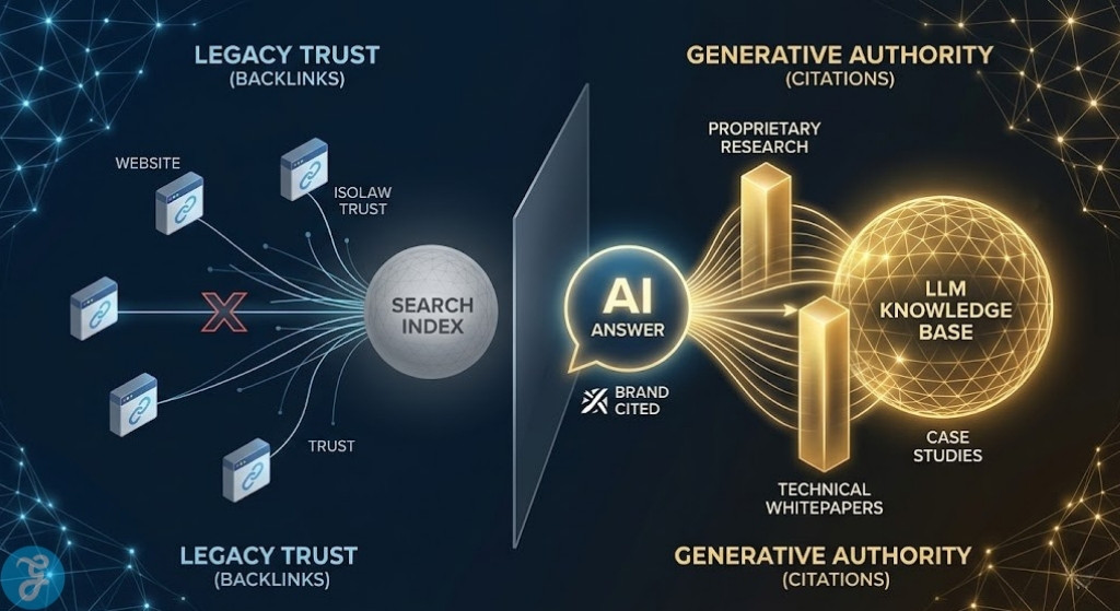 Infographic showing isolated websites sending backlinks versus authoritative content pillars fused directly into an AI Knowledge Base.
