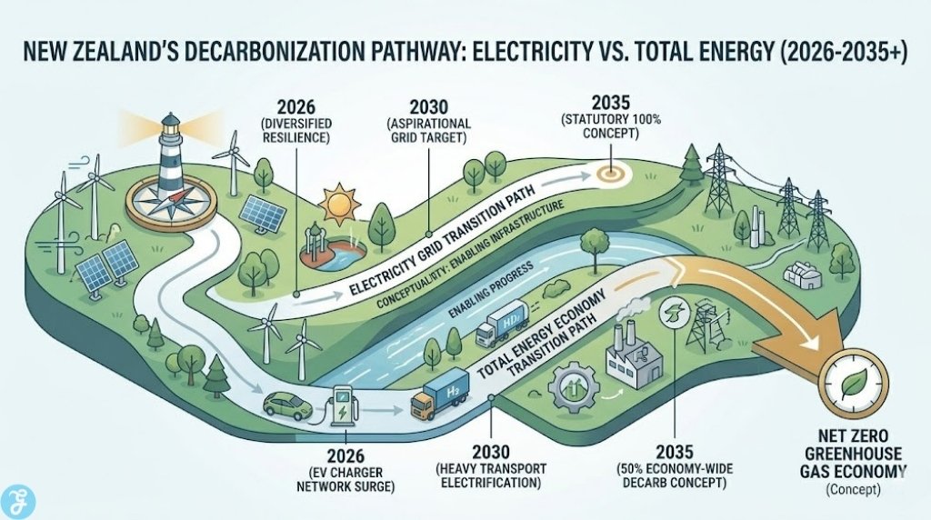 Professional vector infographic visualizing the concept and relationship between New Zealand's decarbonization targets for Electricity vs the total Economy from 2026 to 2035+. It illustrates two parallel conceptual paths with milestones and icons: "ELECTRICITY GRID TRANSITION PATH" and "TOTAL ENERGY ECONOMY TRANSITION PATH," showing enabling infrastructure and sector interdependence, rather than a direct timeline list, distinct from image_27.png.