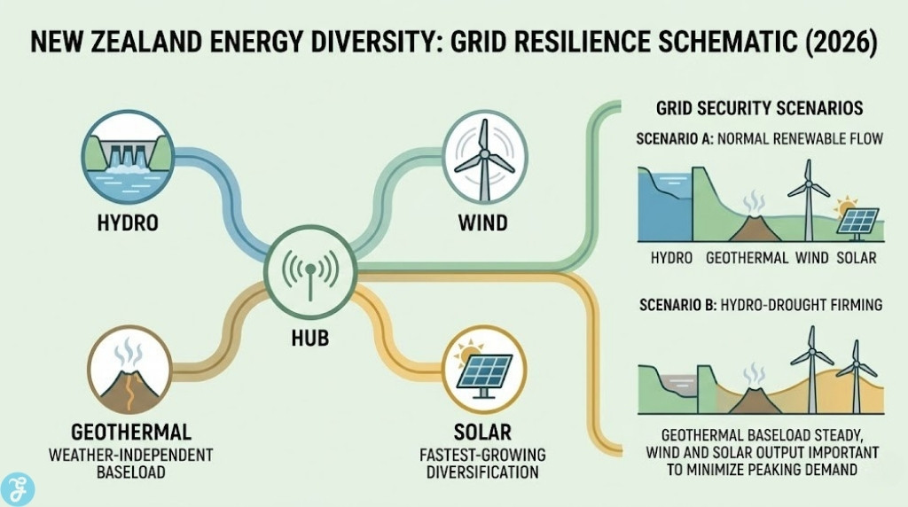 Professional vector infographic visualizing the concept and resilience of New Zealand's diversified electricity grid in 2026. A schematic shows how diverse energy inputs (Hydro, Geothermal, Wind, Solar) interact to provide security. Conceptual scenarios illustrate high renewable flow vs. Hydro-drought firming, with a specific focus on geothermal's weather-independent baseload role, visually distinct from text lists.
