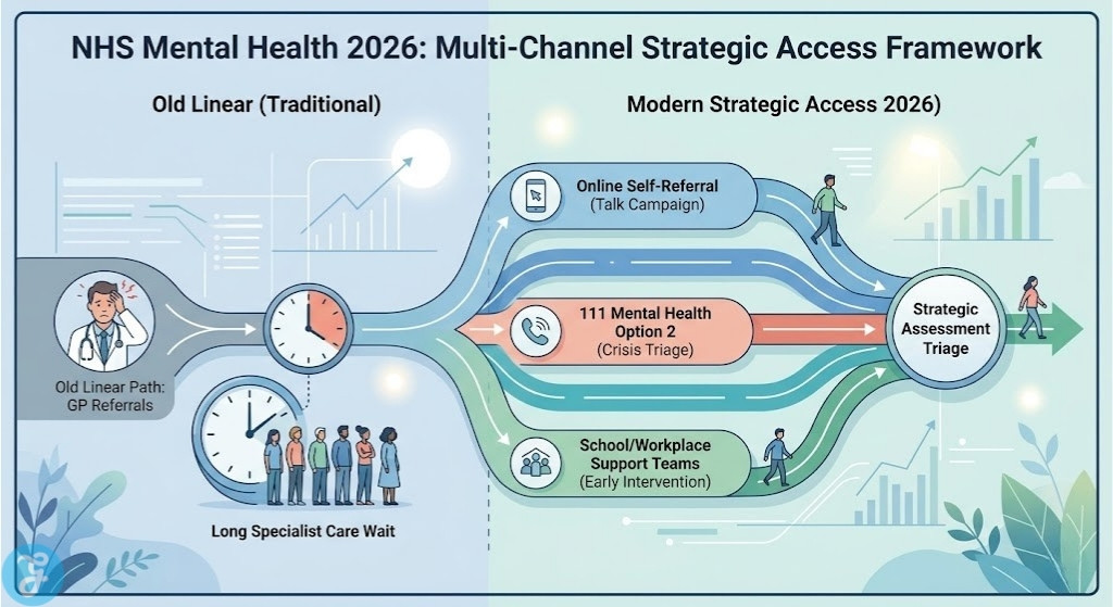 Conceptual infographic comparing traditional linear GP referral bottlenecks to modern parallel self-referral pathways in NHS mental health 2026.