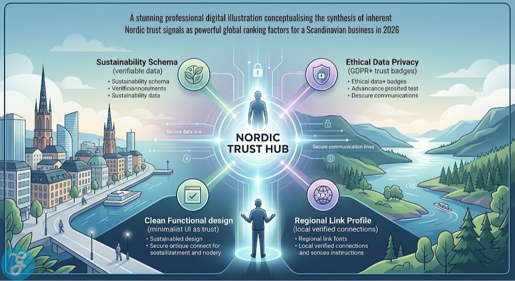 Conceptual visualization of the synthesis of inherent Nordic trust signals as powerful global ranking factors for a Scandinavian business in 2026