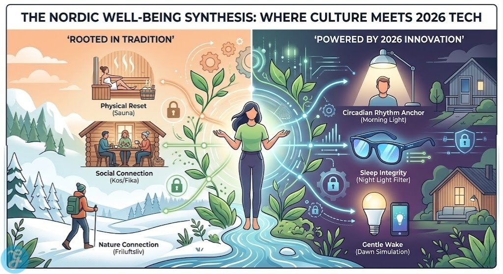 Professional illustration visualizing the synthesis of traditional Nordic culture (Sauna, Fika/Kos, Friluftsliv) and modern 2026 technology (Morning Light, Night Light Filter, Dawn Simulation) for mental well-being and SAD management in Norway and Finland.