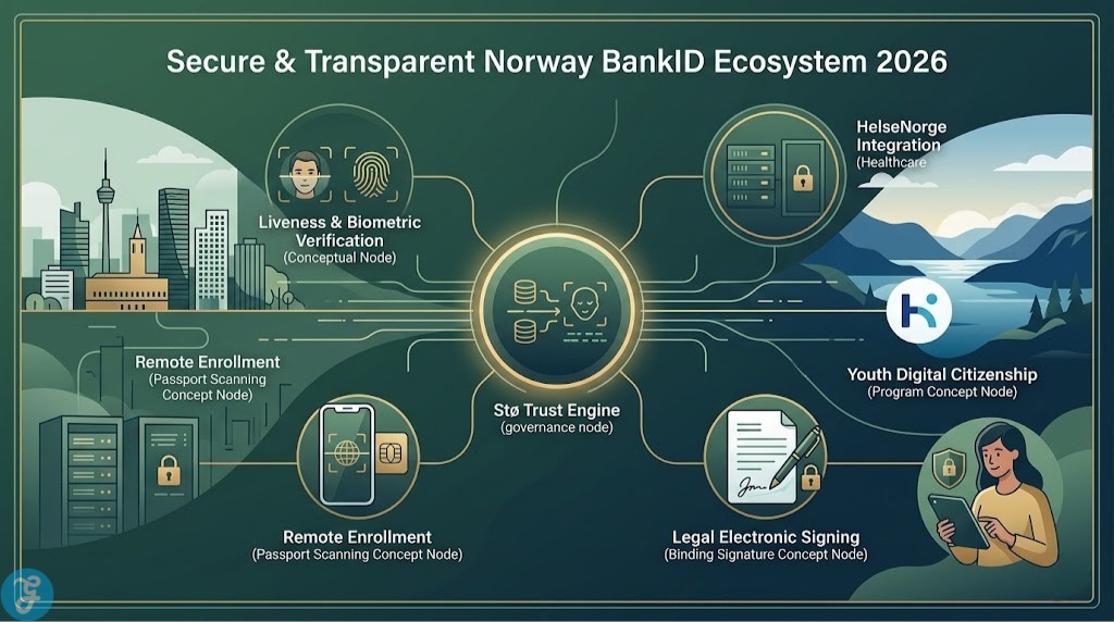 Conceptual visualization of the 2026 Norway BankID Ecosystem, synthesizing secure governance, biometric liveness, and legally binding digital signatures.