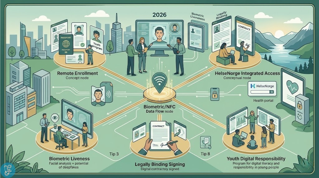Conceptual visualization of the 2026 Norway Digital Trust Backbone, mapping the integration between biometric liveness and NFC passport scanning.