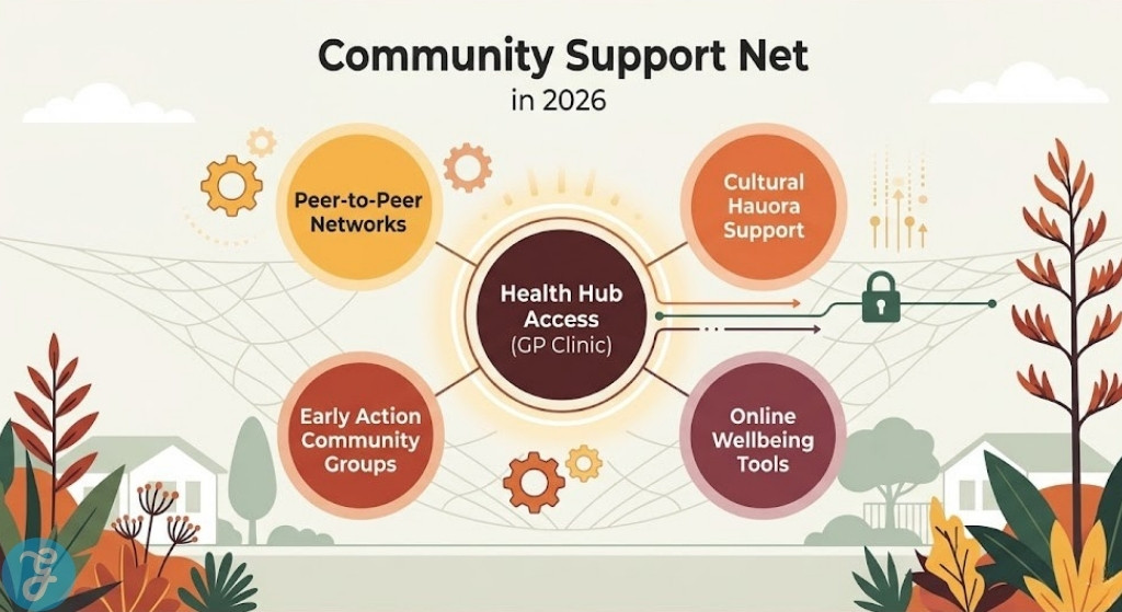 Support journey illustration of the NZ community mental health support net in 2026, mapping access from first contact to peer and cultural well-being.