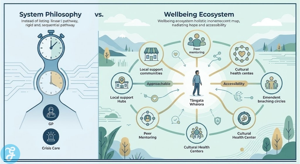 Professional digital illustration comparing the legacy linear bottleneck mental health system of NZ to the 2026 holistic well-being ecosystem of He Ara Oranga.