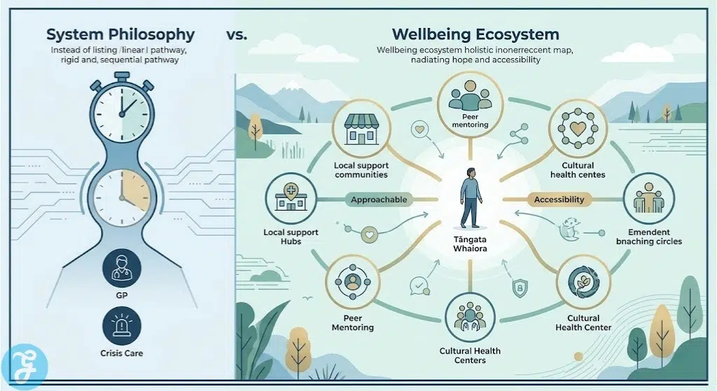 Professional digital illustration comparing the legacy linear bottleneck mental health system of NZ to the 2026 holistic well-being ecosystem of He Ara Oranga.