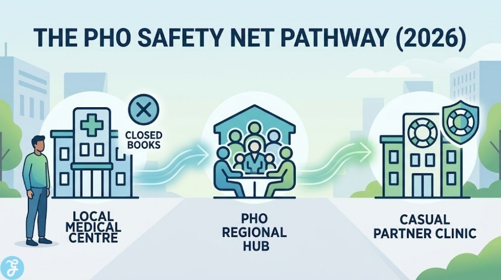 Flow diagram illustrating how New Zealand PHOs function as a structural safety net for patients when local medical centers have closed books.