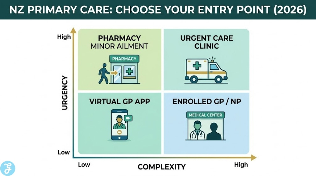 An infographic navigational matrix for New Zealand healthcare access in 2026, comparing entry points by urgency and complexity: Virtual GPs, NPs, Urgent Care, and Pharmacy services.