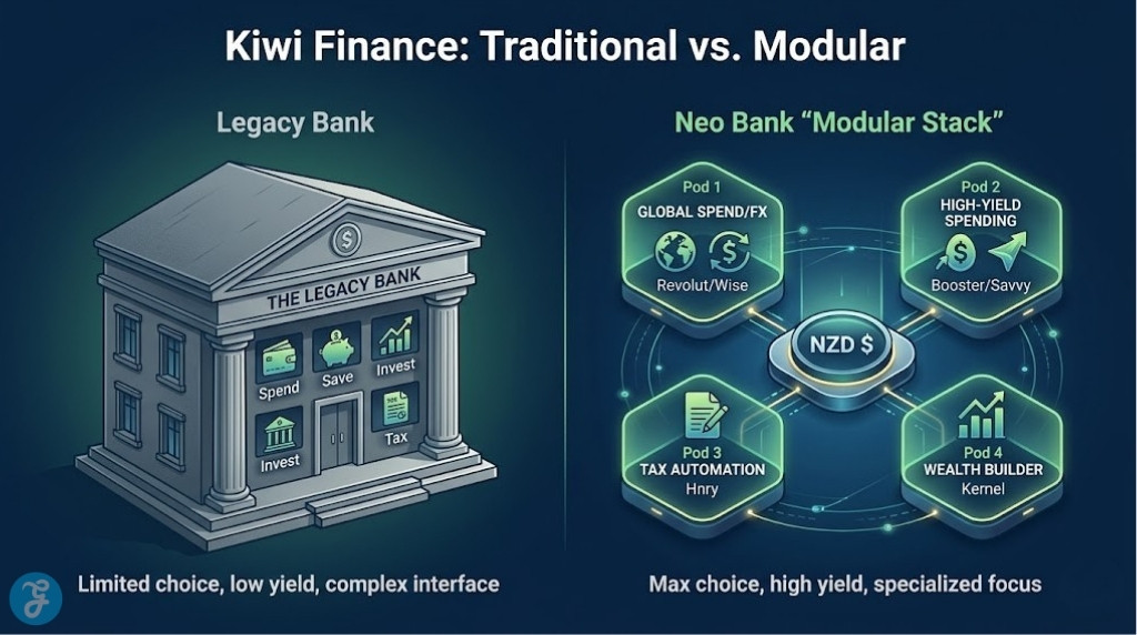 An illustrative infographic comparing the legacy NZ banking model with the modern neobank "modular stack," visualizing a smartphone connecting specialized high-yield and automated financial pods, in a clean, professional digital style.