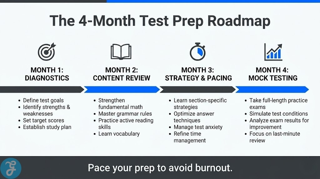 Four month timeline for SAT and ACT test prep.