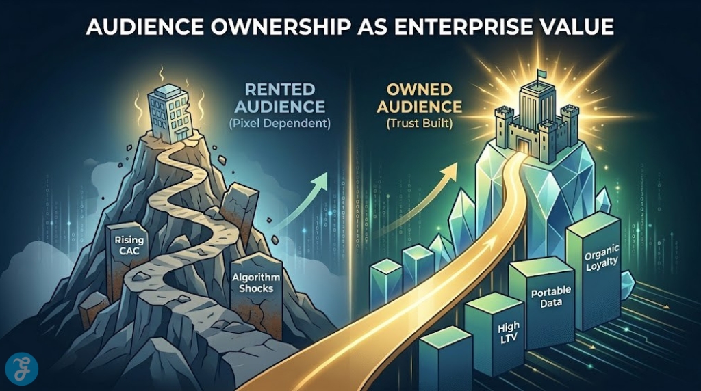 Infographic visualization comparing the rocky, expensive, and algorithm-dependent Rented Audience path against the stable, trust-built, high-valuation Owned Audience fortress.