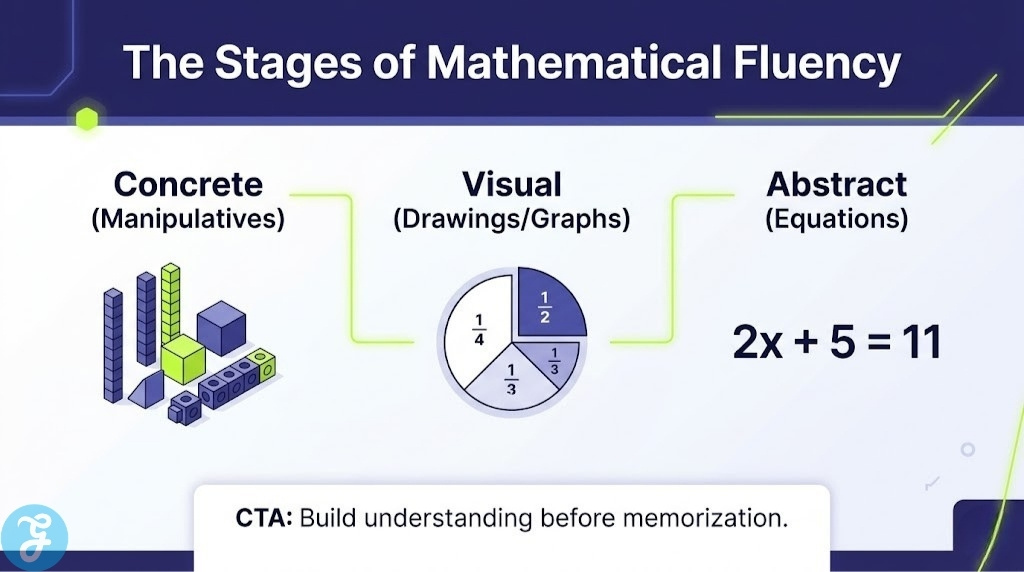 Concrete visual to abstract math learning progression.