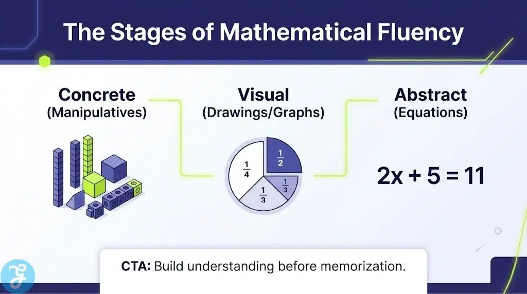 Concrete visual to abstract math learning progression.