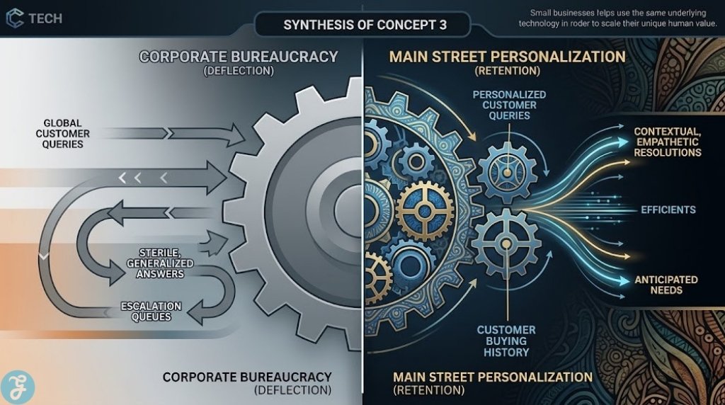 Detailed conceptual diagram contrasting the rigid, generic deflection of corporate AI bureaucracy with the nimble, hyper-personalized empathy of fine-tuned everyday AI used by local businesses.