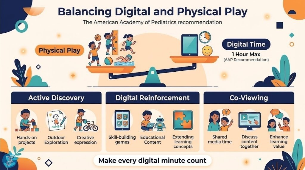 Recommended balance of screen time and physical play for preschoolers.