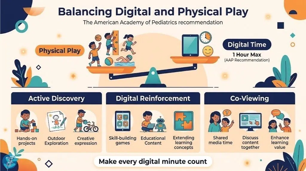 Recommended balance of screen time and physical play for preschoolers.