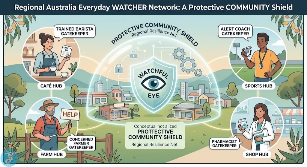 Infographic providing a conceptual map of how a village of trained everyday watchers (barista, coach, farmer, pharmacist) creates a unified protective shield and safety net for mental health in rural Australia.
