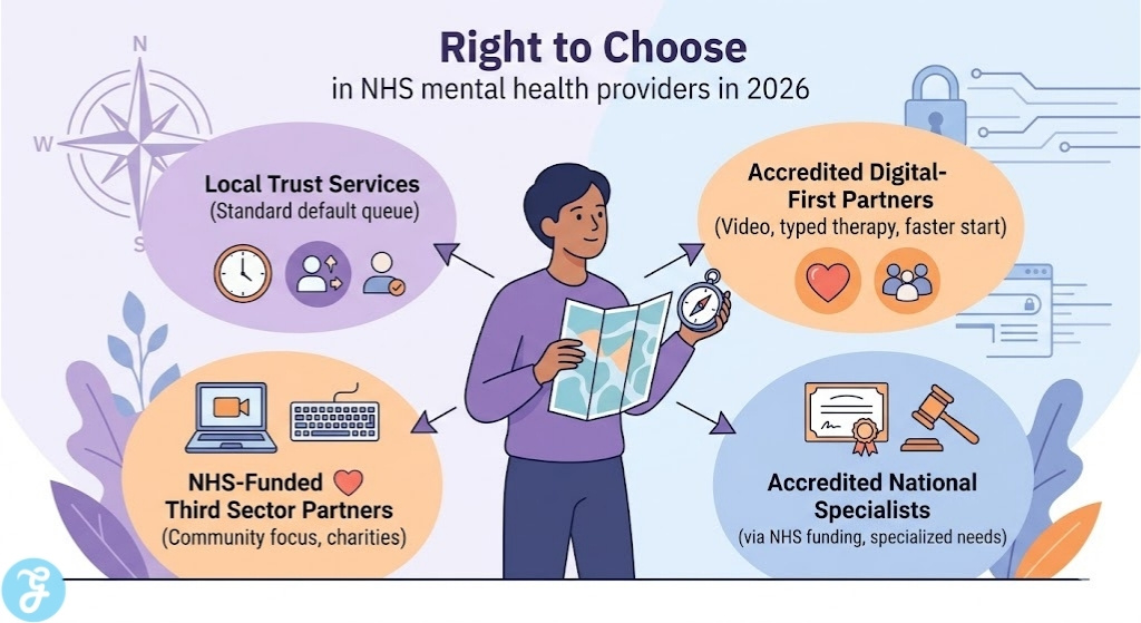 Professional illustration visualising the patient Right to Choose alternative NHS mental health providers like digital-first and third sector partners in 2026.