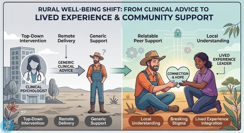 Conceptual infographic visualizing the paradigm shift in rural Australia mental health, contrasting top-down clinical advice against local, peer-led support rooted in lived experience.