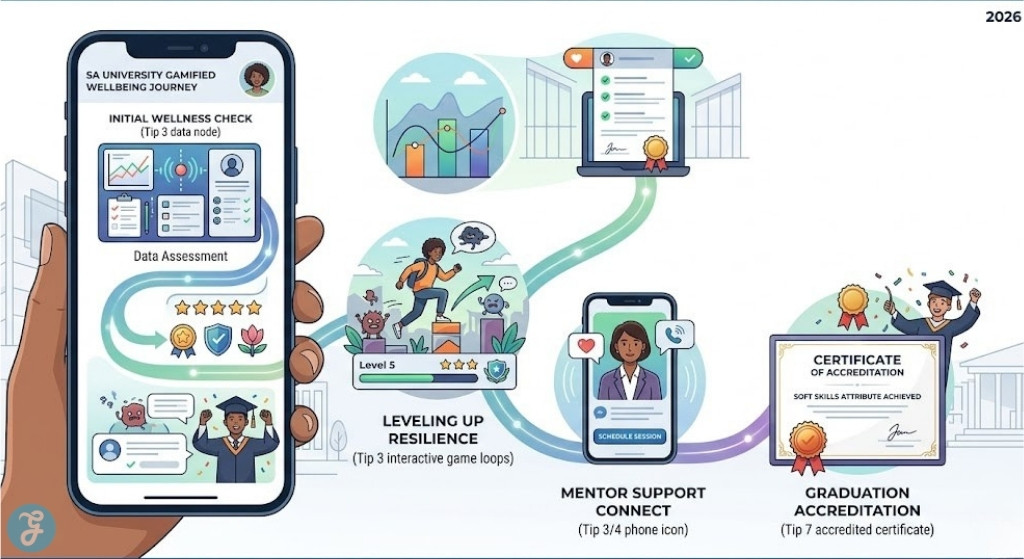 Conceptual visual of the corrected gamified therapeutic student user journey map on a phone screen, showing risk screening, resilience leveling, mentor check-in, and accredited attribute in 2026.