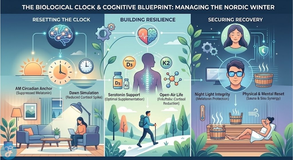 Conceptual infographic visualizing the biological and cognitive blueprint for managing Seasonal Affective Disorder (SAD) in Norway and Finland, illustrating the interplay of light therapy, nutrition, and lifestyle on the internal clock.