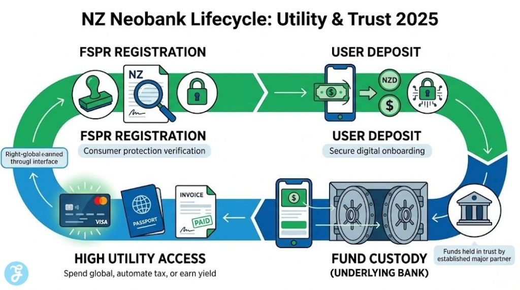 An infographic illustrating the 2025 safety and utility lifecycle of New Zealand neobanks, visualizing FSPR registration, secure fund flow from the neo-app interface to underlying major bank custody vaults, and modern spend/tax/invest utility, in a professional digital illustrative style.