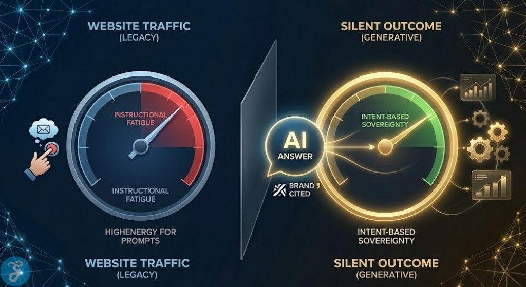 Infographic dashboard contrasting Legacy SEO traffic metrics with Generative Search 'Silent Outcome' metrics.