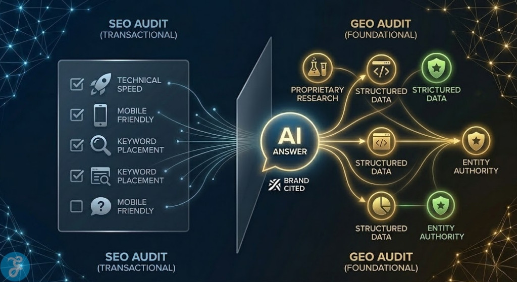 Professional comparison infographic of traditional SEO audit checklists versus futuristic Generative Engine Optimization (GEO) audit criteria.