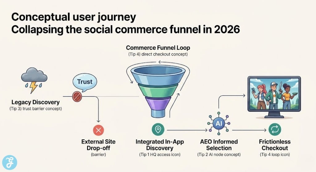 Conceptual visual mapping the iterative social commerce funnel loop, contrasting legacy discovery drop-off with 2026 frictionless in-app purchase and AEO integration.
