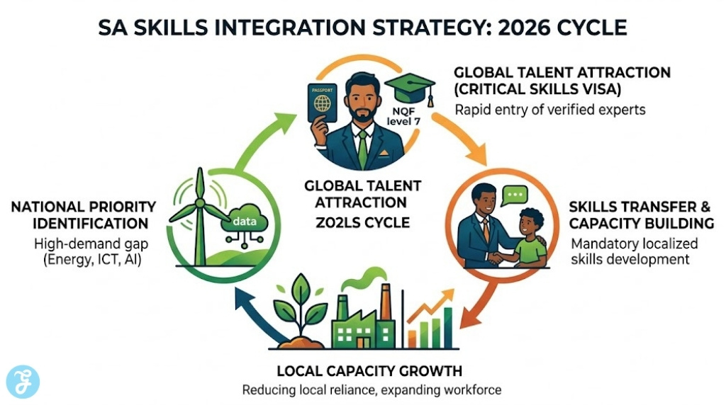 An infographic illustrating the 2026 South Africa skills integration strategy lifecycle, visualizing national priority identification (green energy/ICT), global talent attraction via the Critical Skills Visa, skills transfer mentorship, and localized economic capacity growth, in a stunning professional digital style.
