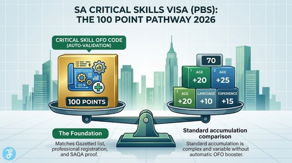 A professional illustrative infographic visualizing the 2026 South Africa Critical Skills Visa Points-Based System (PBS) calculation, showing the Critical Skill OFO Code automatically fulfilling the 100-point required threshold versus a standard applicant accumulating points, in a clean digital style.